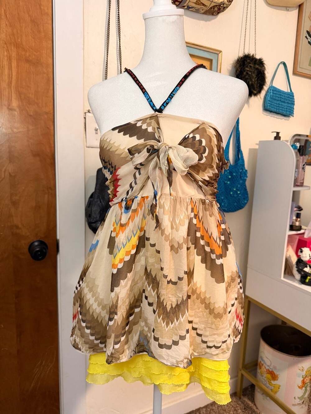 Stefanel 100% Silk Chevron Print Halter Neck Beaded Strap Top